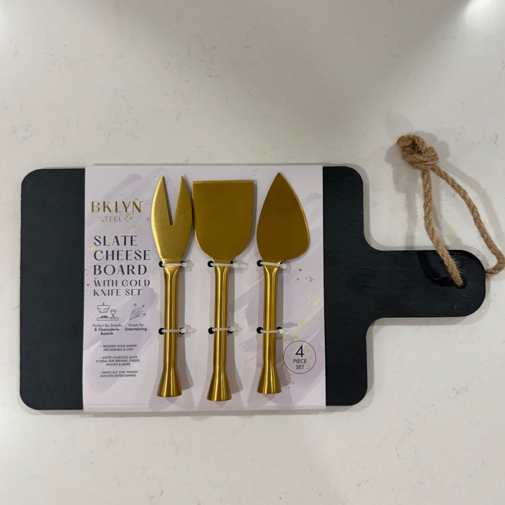BKLYN Steel Co Slate Cheese Board with 3 Gold Knives 4 Piece Charcuterie Set NEW